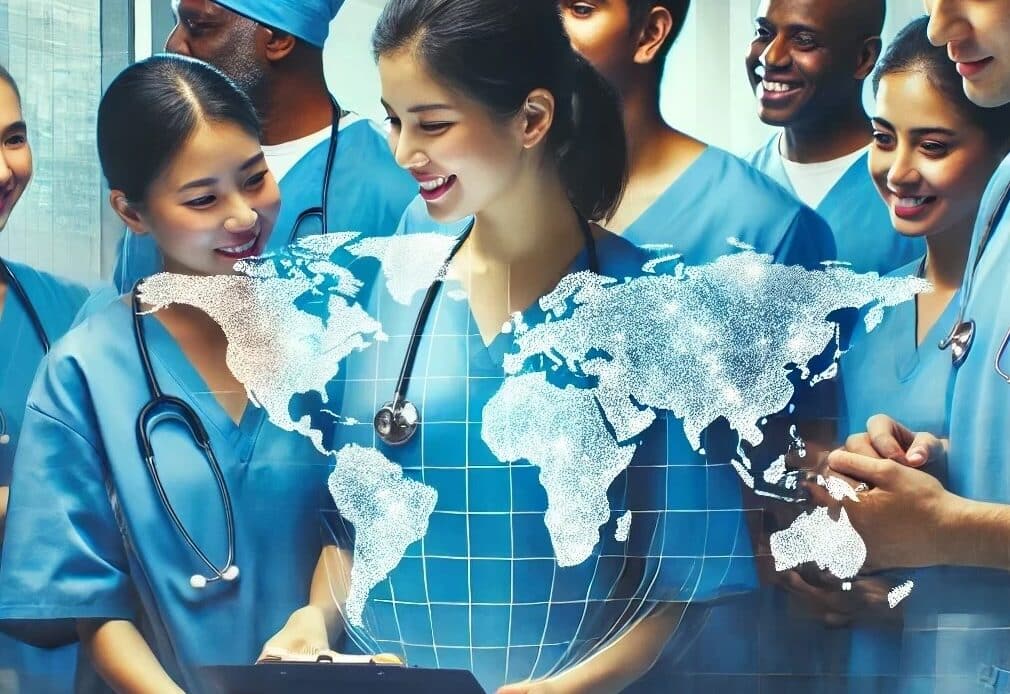 A group of internationally educated nurses working in a U.S. hospital.
