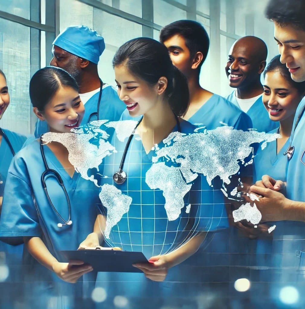 A group of internationally educated nurses working in a U.S. hospital.