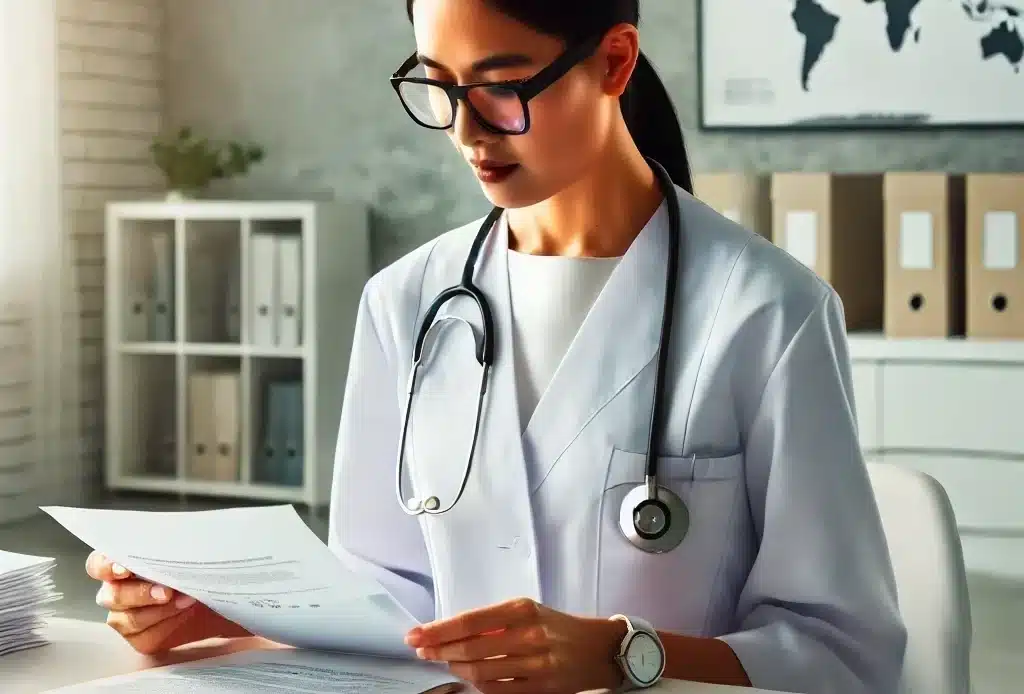 A professional nurse reviewing credential evaluation documents, highlighting the importance of nursing standards and global qualifications.