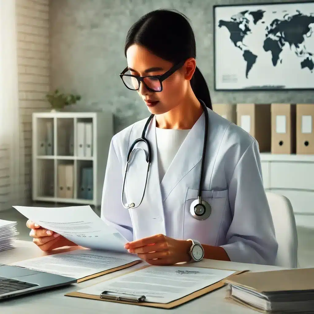 A professional nurse reviewing credential evaluation documents, highlighting the importance of nursing standards and global qualifications.