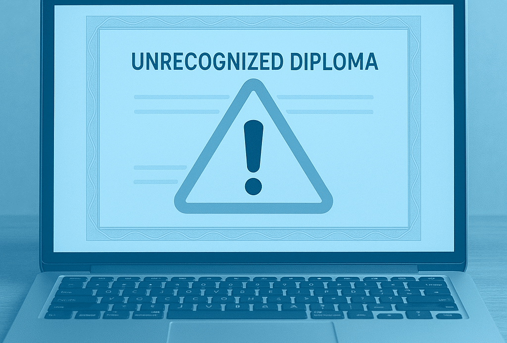 Warning icon over unrecognized diploma certificate