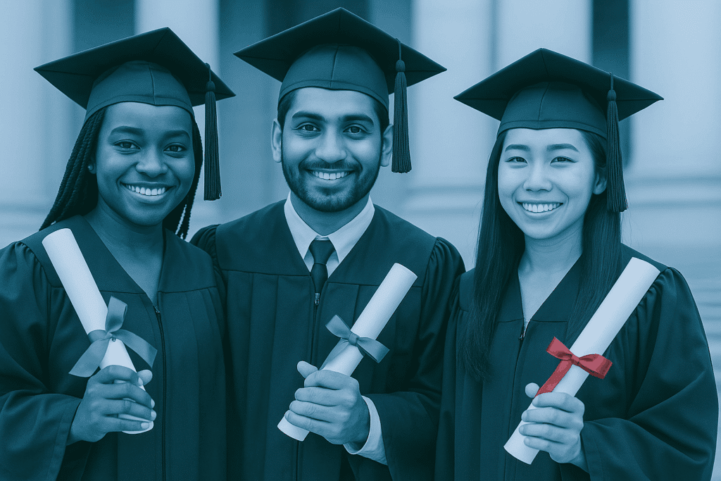 Three student holding diplomas