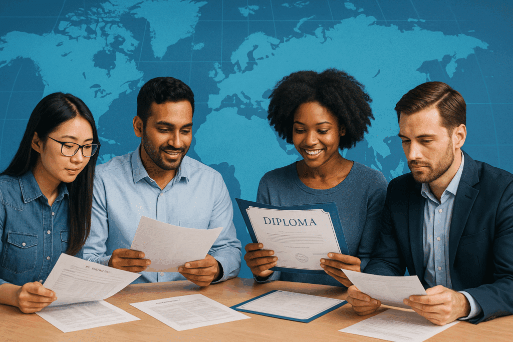 International students and professionals reviewing educational documents with a world map overlay representing global credential evaluation.