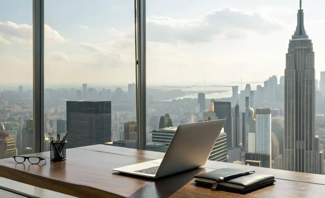 Office desk with a laptop overlooking NYC for a degree evaluation.