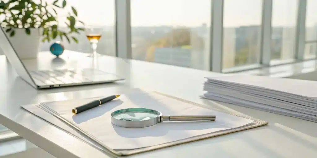 Magnifying glass over academic documents for a NASBA credential evaluation.