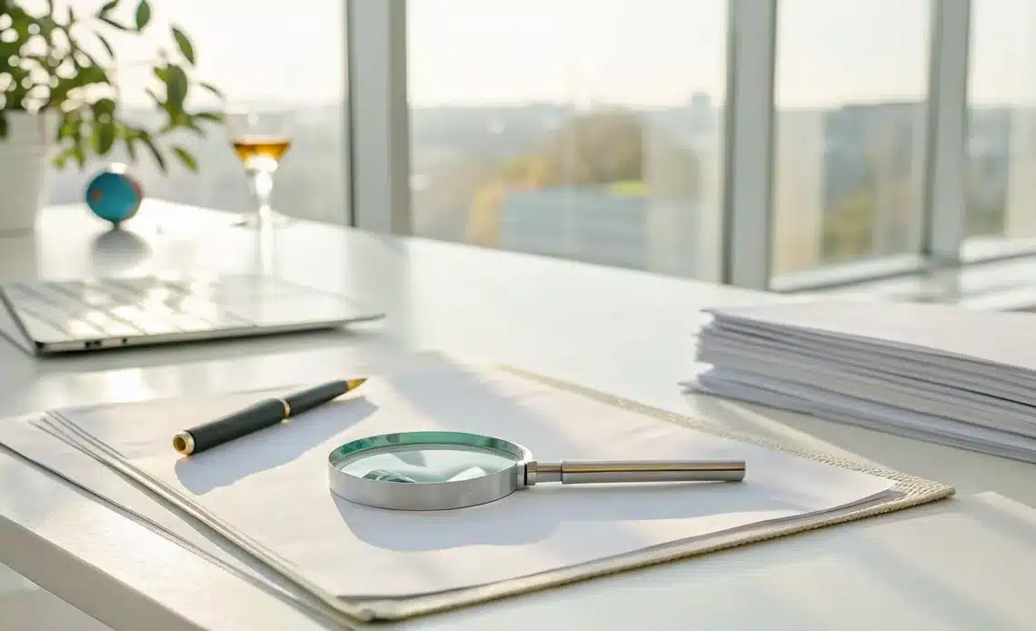 Magnifying glass over academic documents for a NASBA credential evaluation.