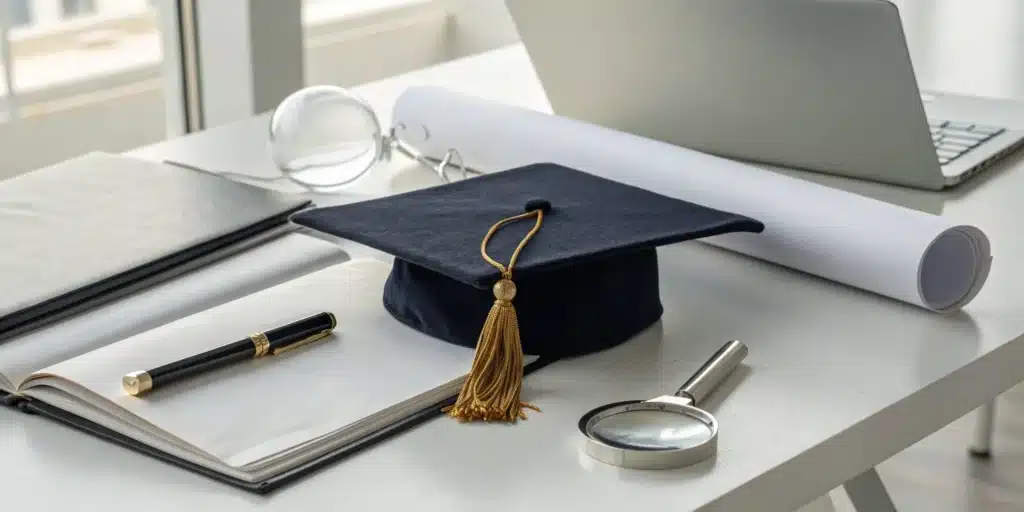 Graduation cap, diploma, and documents for an international degree evaluation.