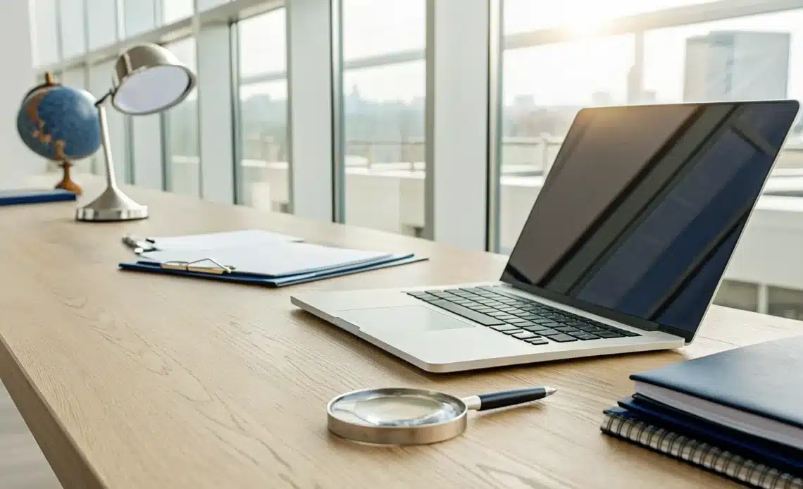 Magnifying glass reviewing documents next to a globe for a US degree equivalency.