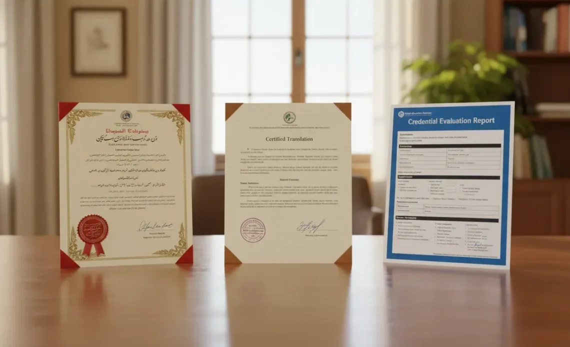 International documents being reviewed for certified translation and credential evaluation
