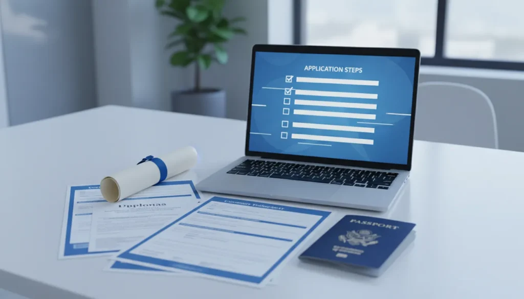 Credential evaluation for H-1B visa documents on a professional desk