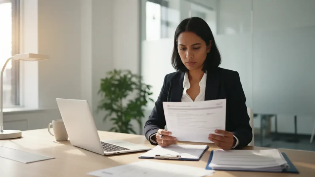Hiring manager reviewing a foreign credential evaluation report and academic transcript at a desk