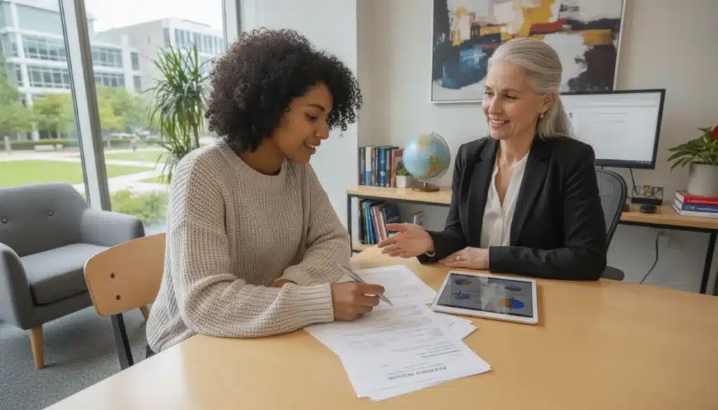 International transfer student reviewing academic records with an advisor