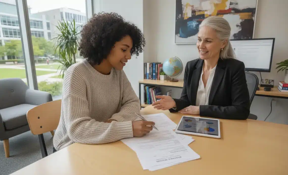 International transfer student reviewing academic records with an advisor