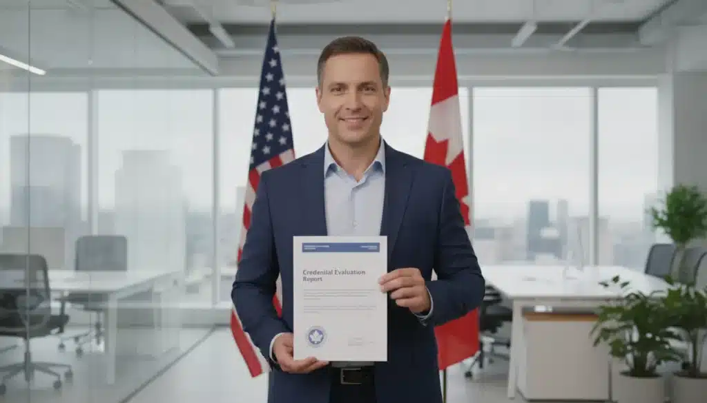 Canadian professional reviewing credential evaluation document for US work visa