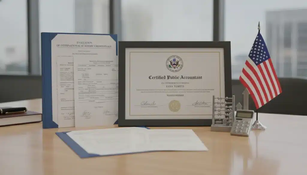 Professional credential evaluation document with CPA license certificate on a clean desk
