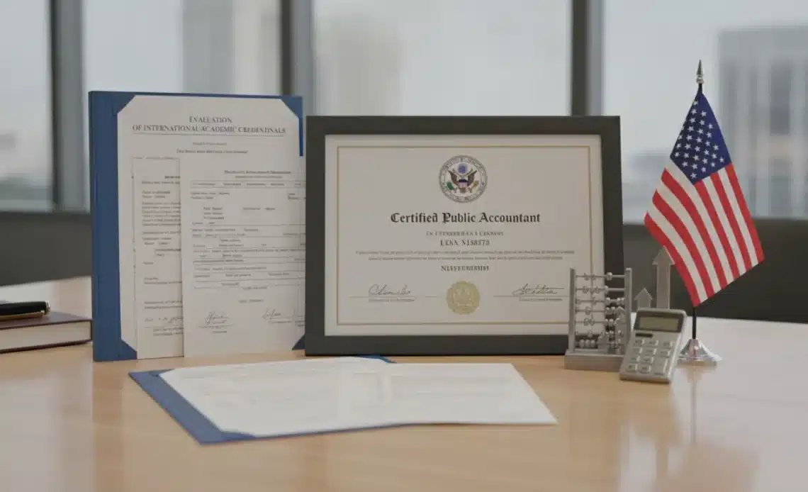 Professional credential evaluation document with CPA license certificate on a clean desk