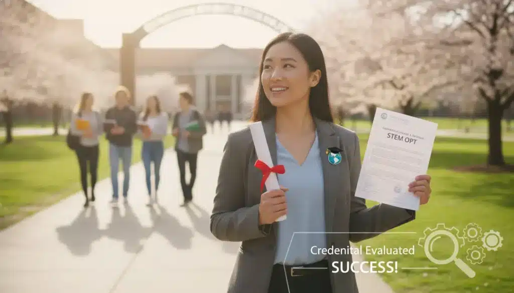 International student holding a diploma on a university campus, representing OPT credential evaluation success