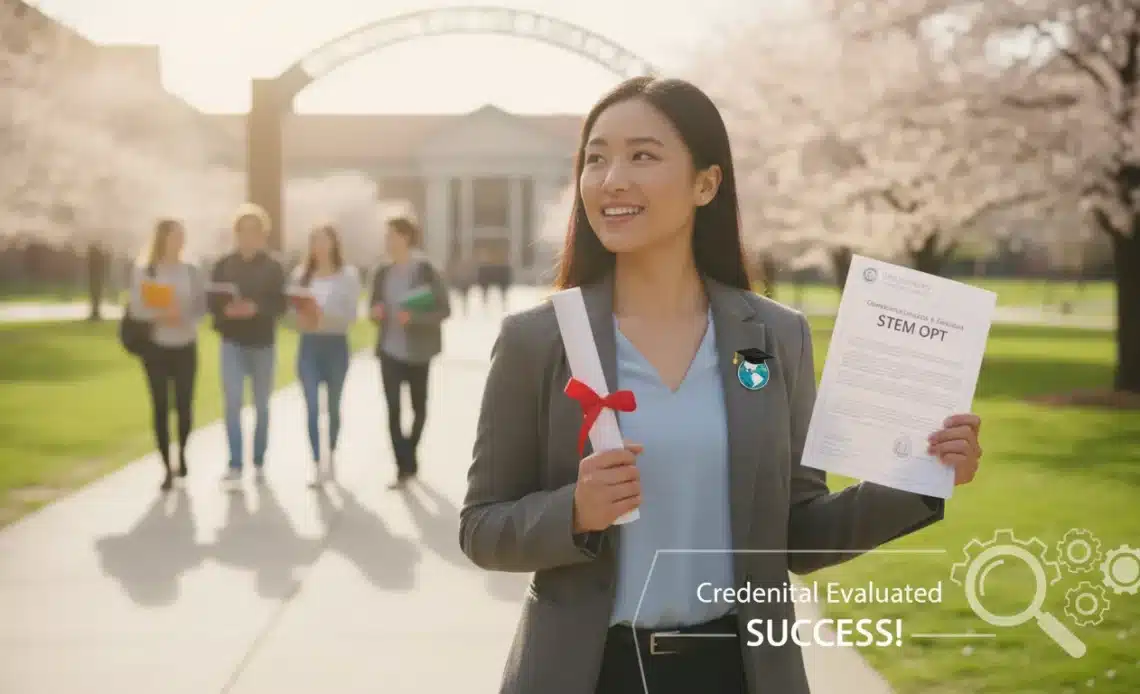 International student holding a diploma on a university campus, representing OPT credential evaluation success