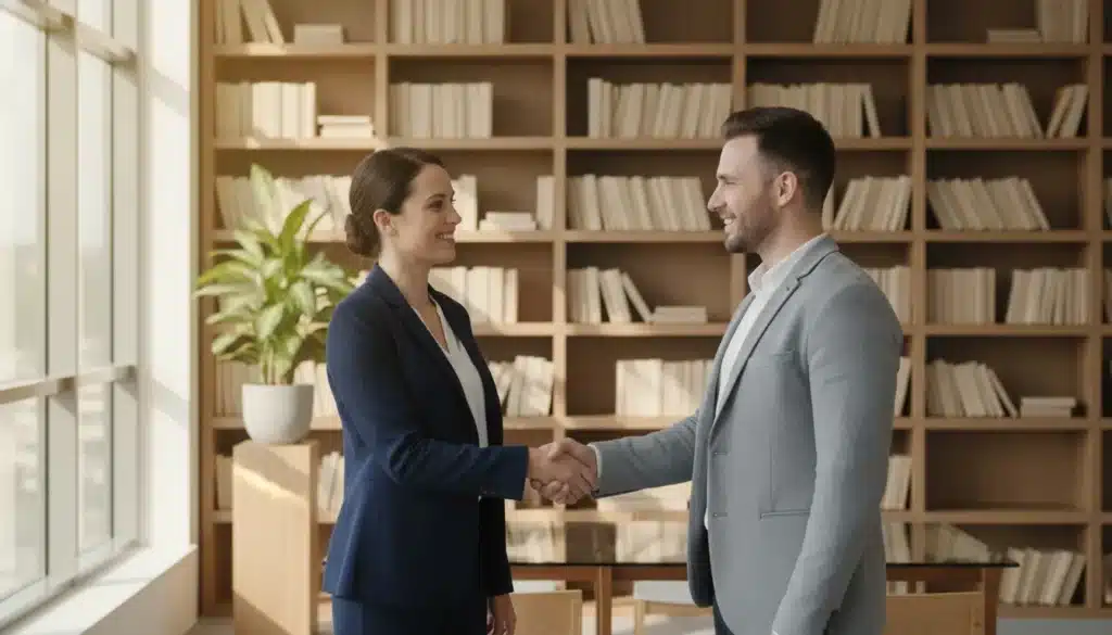 Immigration advisor consulting with a client in a professional office setting