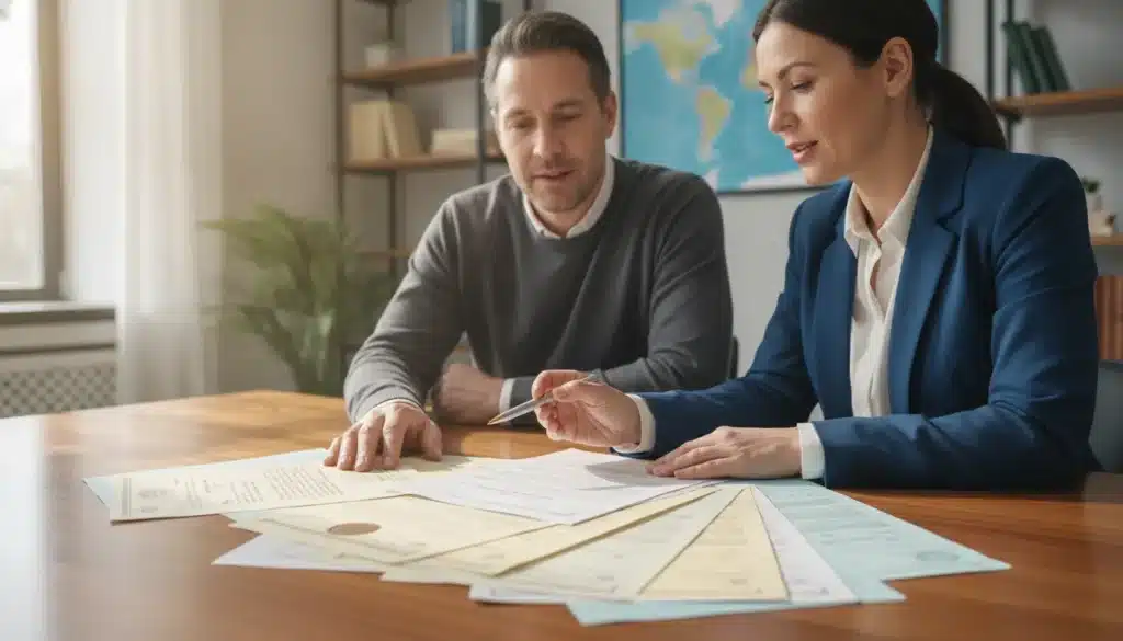 Immigration consultant and client reviewing international academic transcripts at an office desk