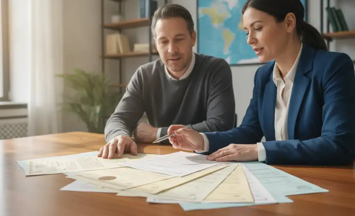 Immigration consultant and client reviewing international academic transcripts at an office desk