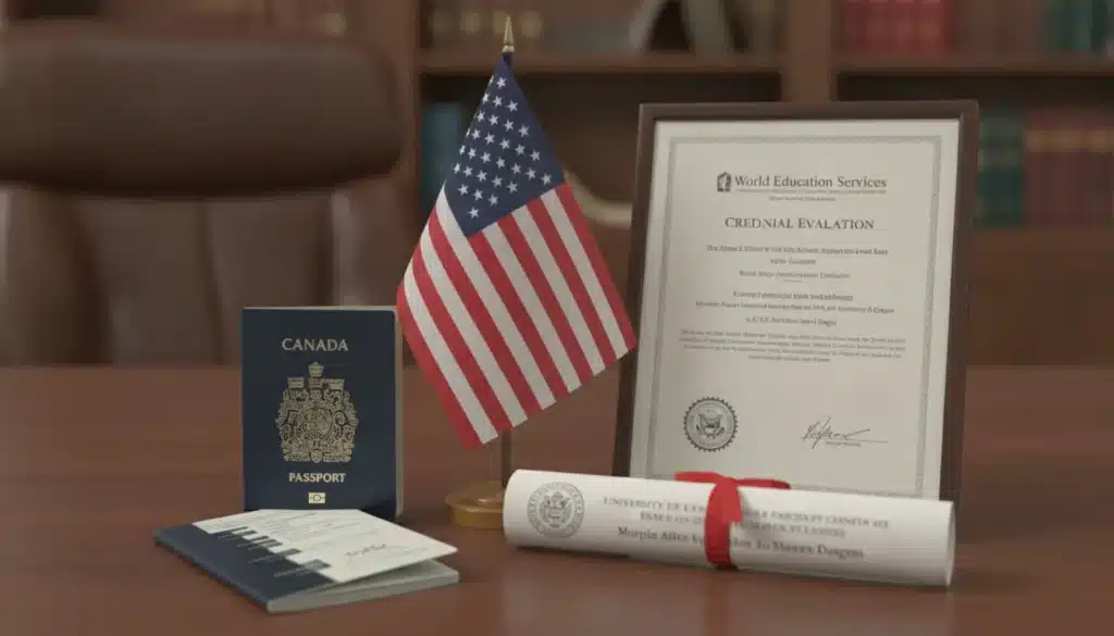 Canadian passport and diploma next to US flag and credential evaluation document