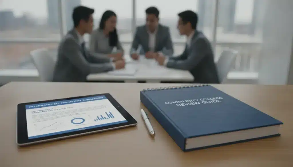 Tablet displaying an international transcript evaluation guide for community college.