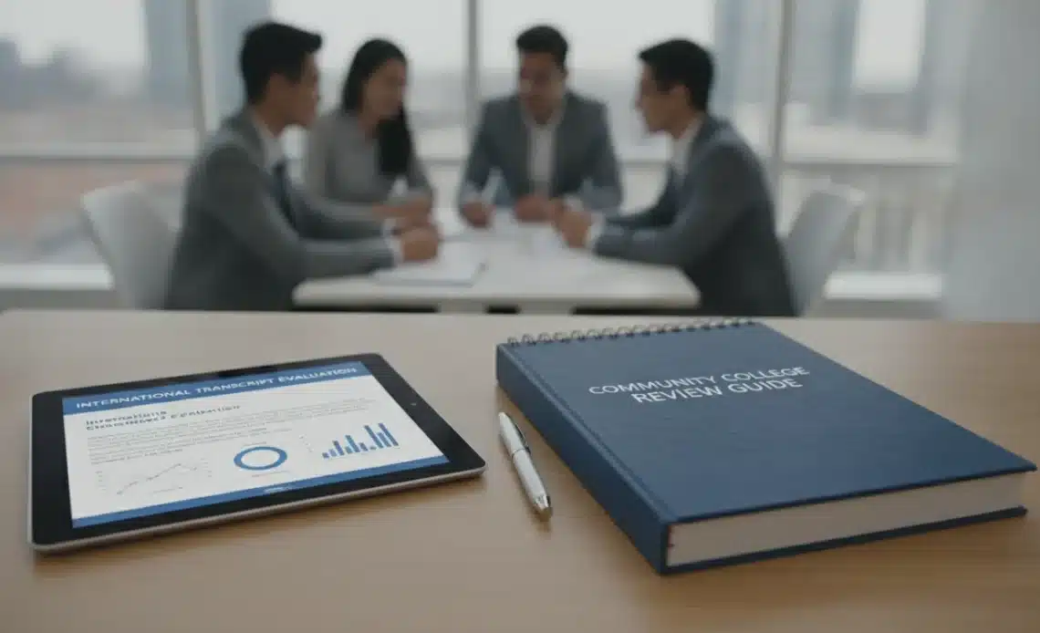 Tablet displaying an international transcript evaluation guide for community college.
